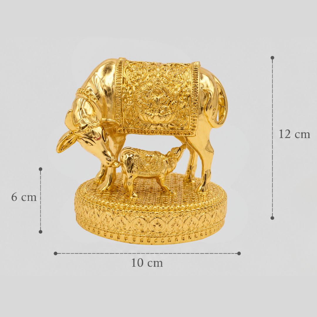 Kamdhenu Cow with Calf Statue | Gold Finish Hindu Idol | Vastu Home Decor | Pooja Room Showpiece