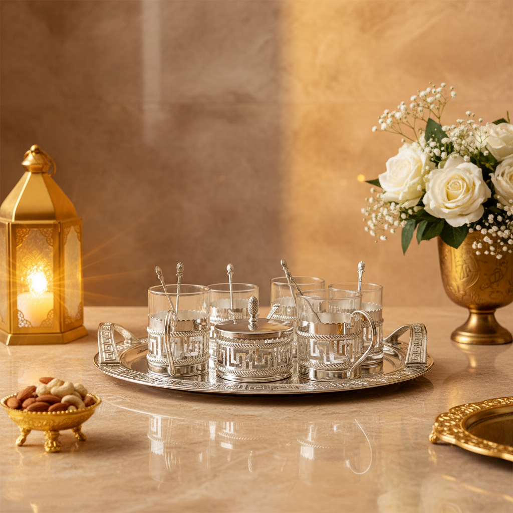 Kahwa Set Silver Plated Cup Set of 6 with Silver Plated Tray and Silver Plated Sugar Pot Ideal Gifts for Diwali, Christmas, Birthday Kawa Set
