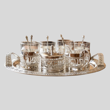 Kahwa Set Silver Plated Cup Set of 6 with Silver Plated Tray and Silver Plated Sugar Pot Ideal Gifts for Diwali, Christmas, Birthday Kawa Set