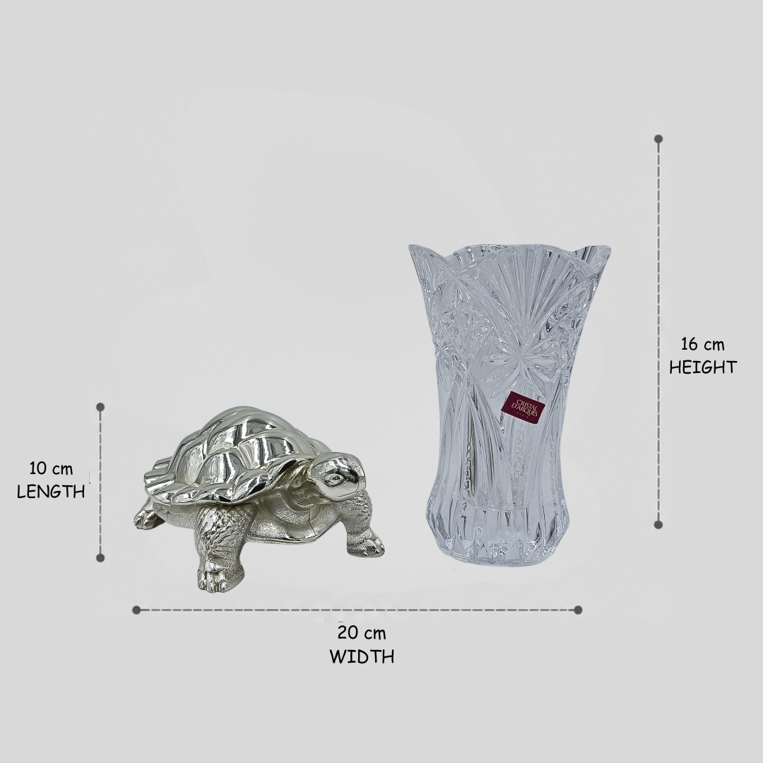 Pure  Silver Coated Vastu Tortoise & Crystal Glass Combo