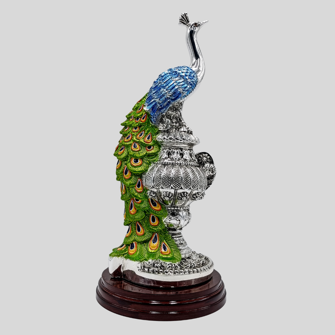 NatrIiel Decorative 999 Silver-Plated Peacock Figurine, Green and Silver