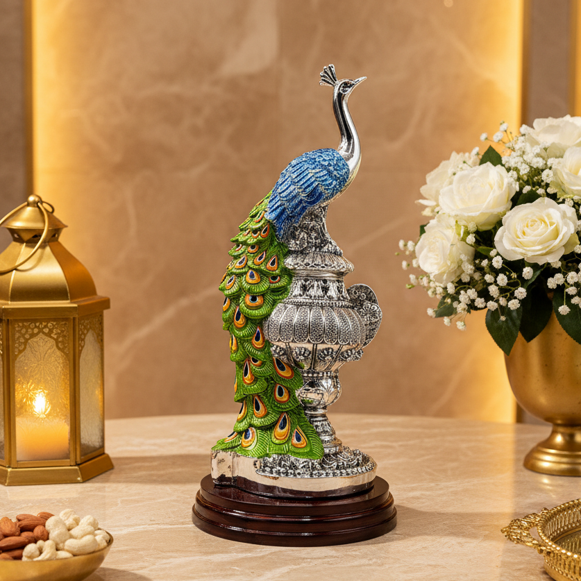 NatrIiel Decorative 999 Silver-Plated Peacock Figurine, Green and Silver