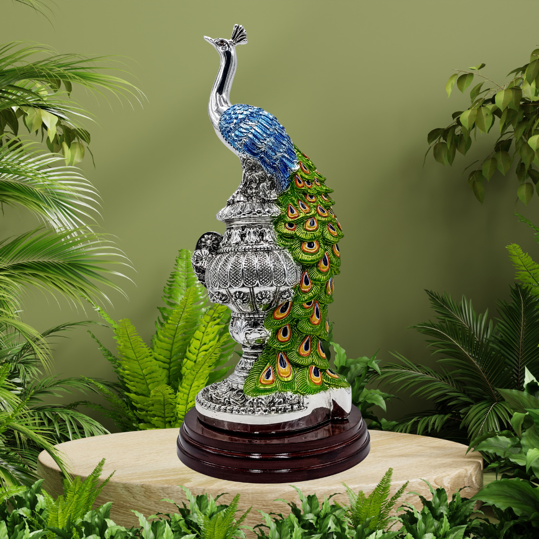NatrIiel Decorative 999 Silver-Plated Peacock Figurine, Green and Silver