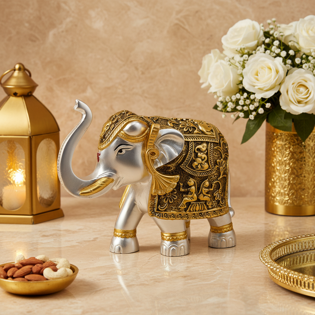 Silver Plated Glossy Kamdhenu  Elephant with Golden Finish