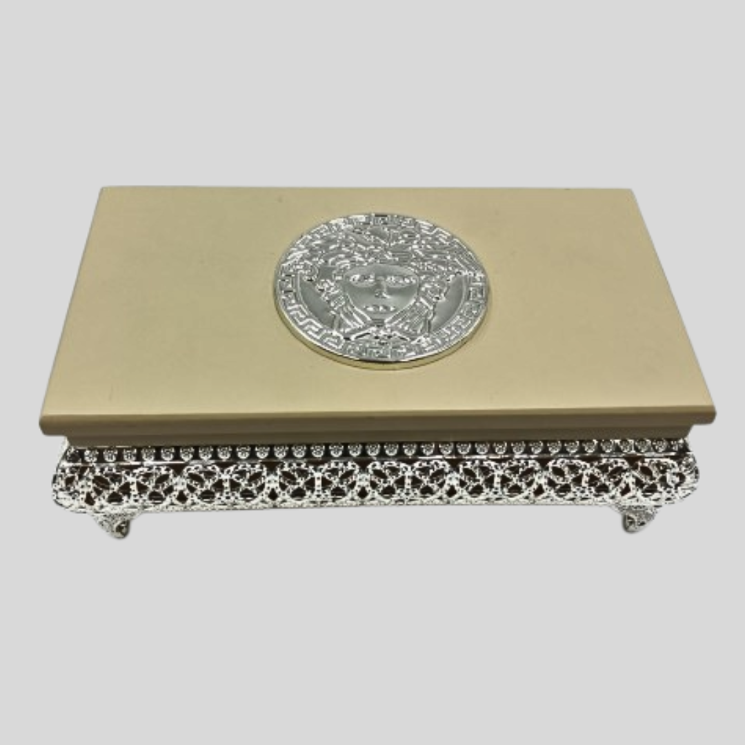 Luxury Style Decorative Wood & Silver Jewelry Box with Silver Medusa-Inspired Design