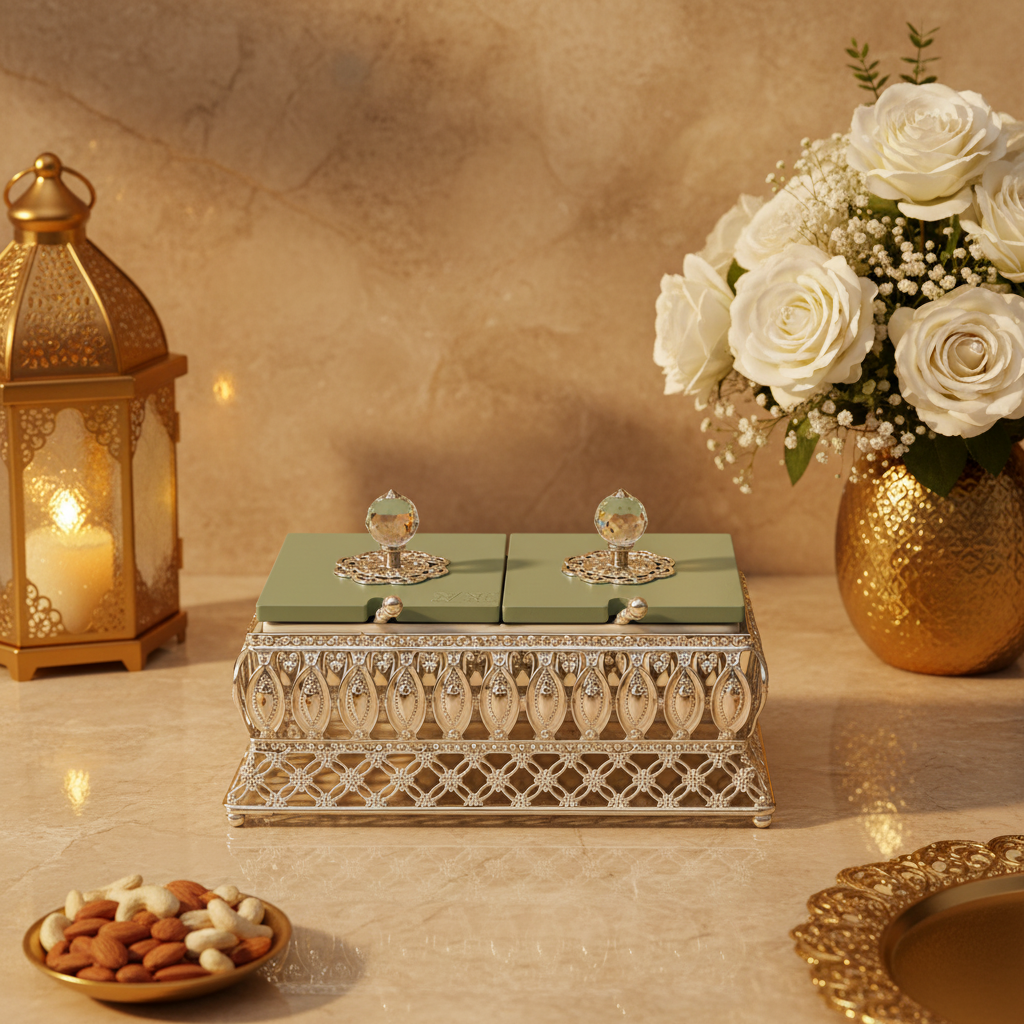 Elegant Dry Fruit Box with Crystal Knobs & Silver Decorative Base
