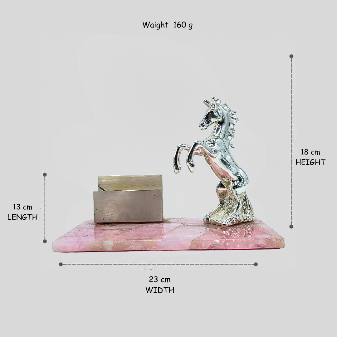 Luxury Silver Horse Business Card Holder with Pink Marble Base | Premium Office Desk Organizer | Elegant Corporate Gift & Home Décor