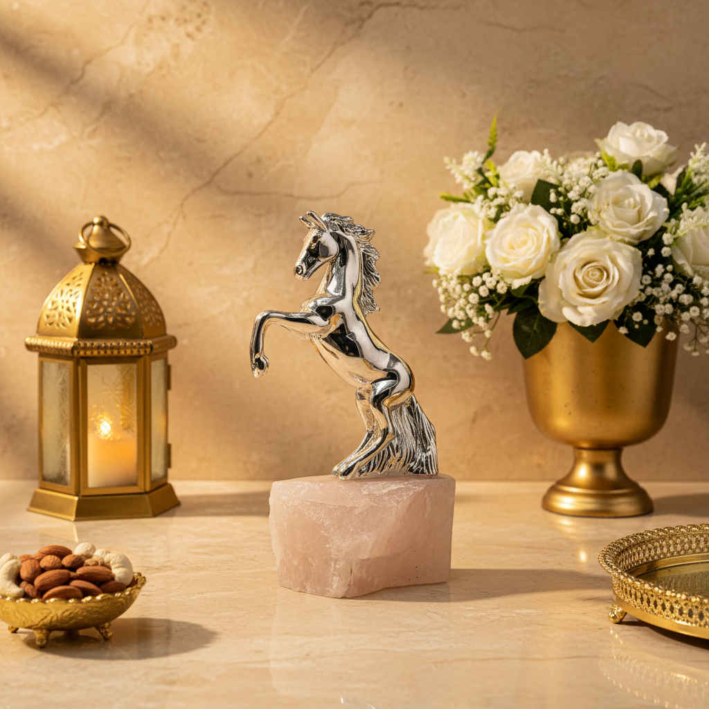Luxury Silver Horse Showpiece on Natural Rose Quartz Crystal Base | Handcrafted Premium Home & Office Décor | Elegant Gift Item