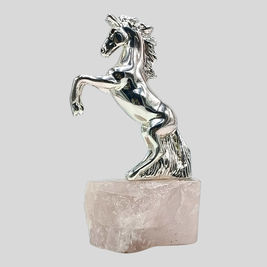 Luxury Silver Horse Showpiece on Natural Rose Quartz Crystal Base | Handcrafted Premium Home & Office Décor | Elegant Gift Item