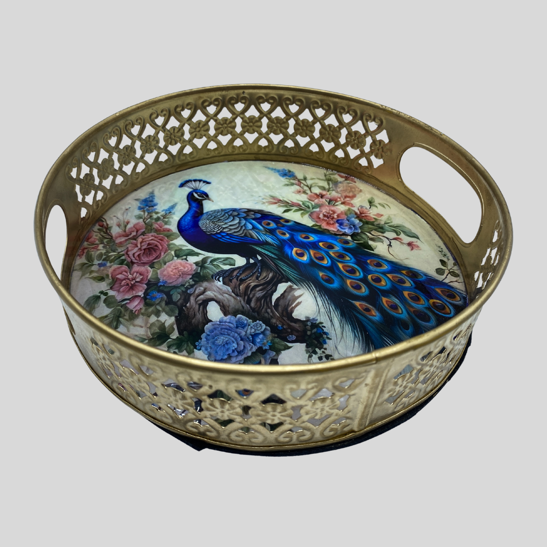 Luxury Peacock Decorative Metal Serving Tray with Floral Art | Gold Finish Round Fruit Tray | Home Decor & Center Table Organizer