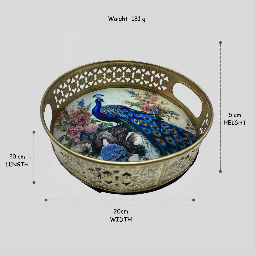 Luxury Peacock Decorative Metal Serving Tray with Floral Art | Gold Finish Round Fruit Tray | Home Decor & Center Table Organizer