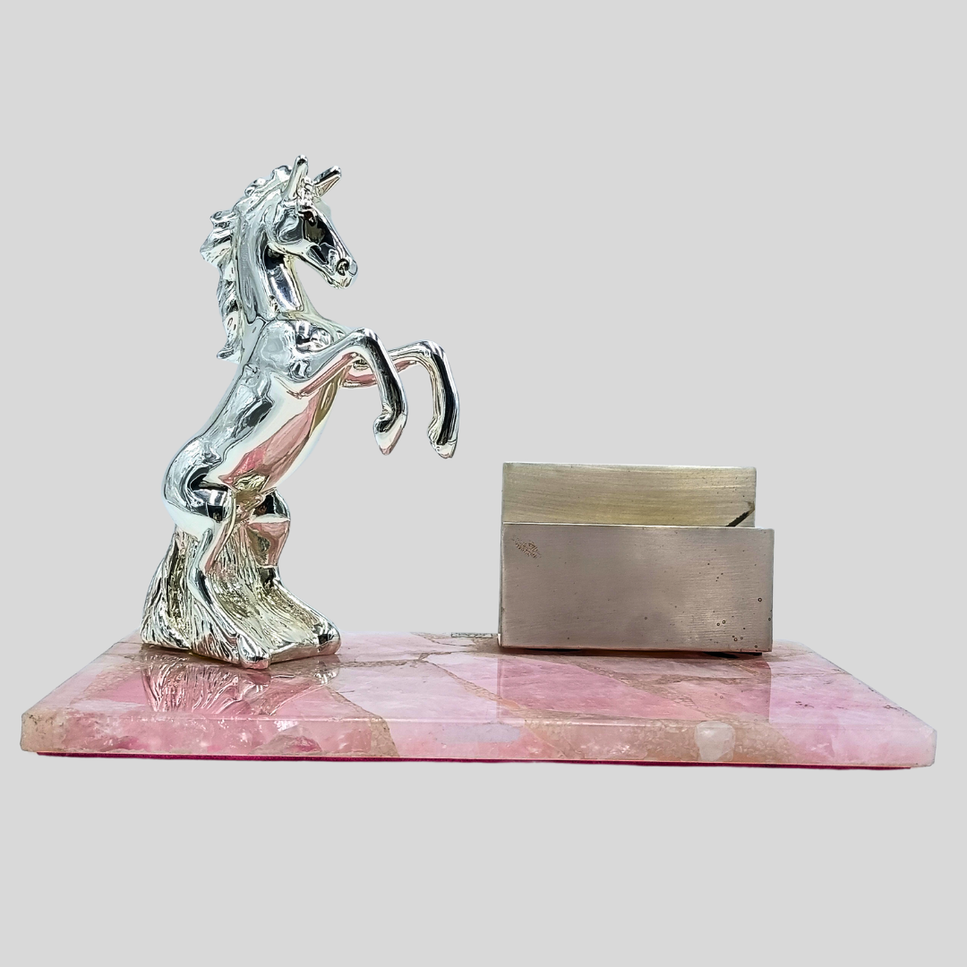 Luxury Silver Horse Business Card Holder with Pink Marble Base | Premium Office Desk Organizer | Elegant Corporate Gift & Home Décor