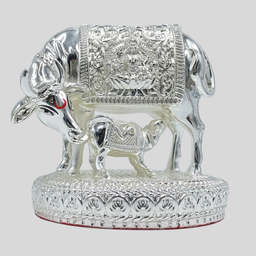 Brass Silver  Platted Kamdhenu Cow and Calf Idol | Auspicious Sculpture of Abundance & Harmony