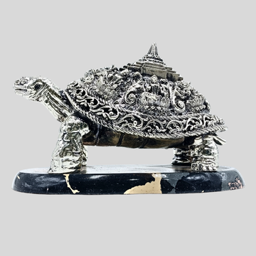 999 Silver Plated Vastu Turtle with Temple Design on Marble Base | Decorative Feng Shui & Spiritual Home Decor