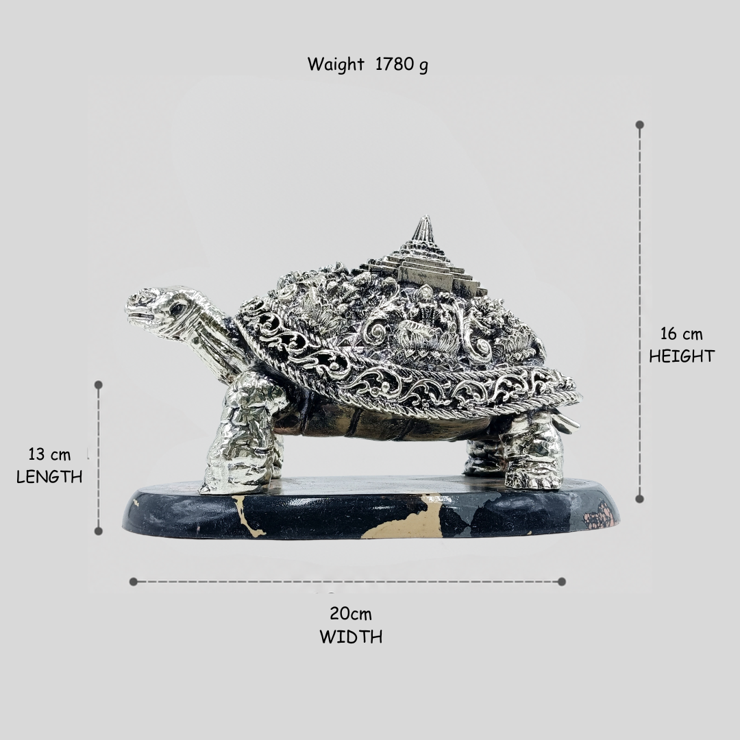 999 Silver Plated Vastu Turtle with Temple Design on Marble Base | Decorative Feng Shui & Spiritual Home Decor