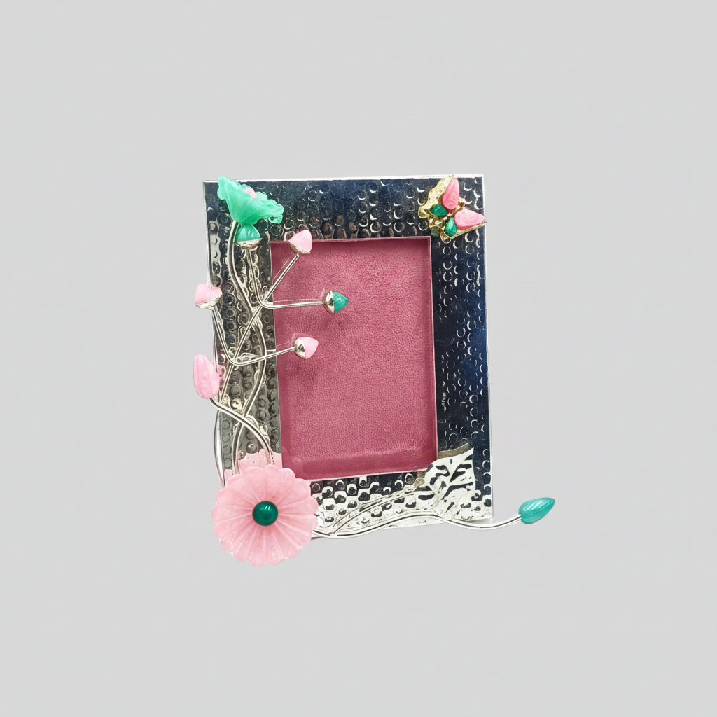 Luxury Silver Plated Pink Stone Floral Photo Frame  | Elegant Home Décor & Premium Gift Item