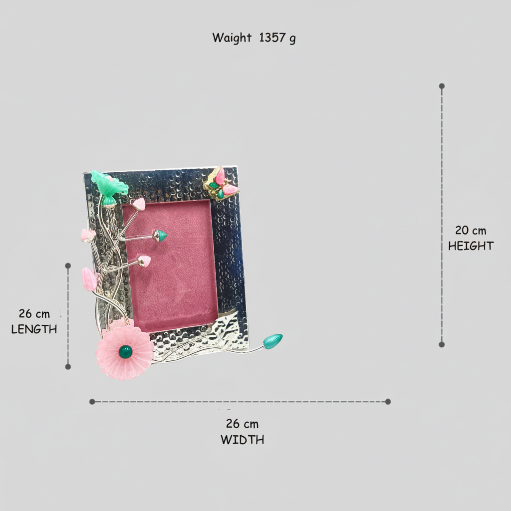 Luxury Silver Plated Pink Stone Floral Photo Frame  | Elegant Home Décor & Premium Gift Item