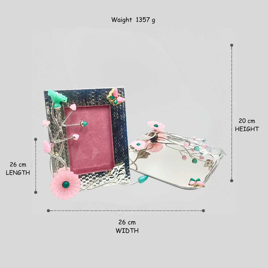 Luxury Silver Plated Floral Photo Frame & Decorative Tray Set | Elegant Home Décor & Premium Gift Item