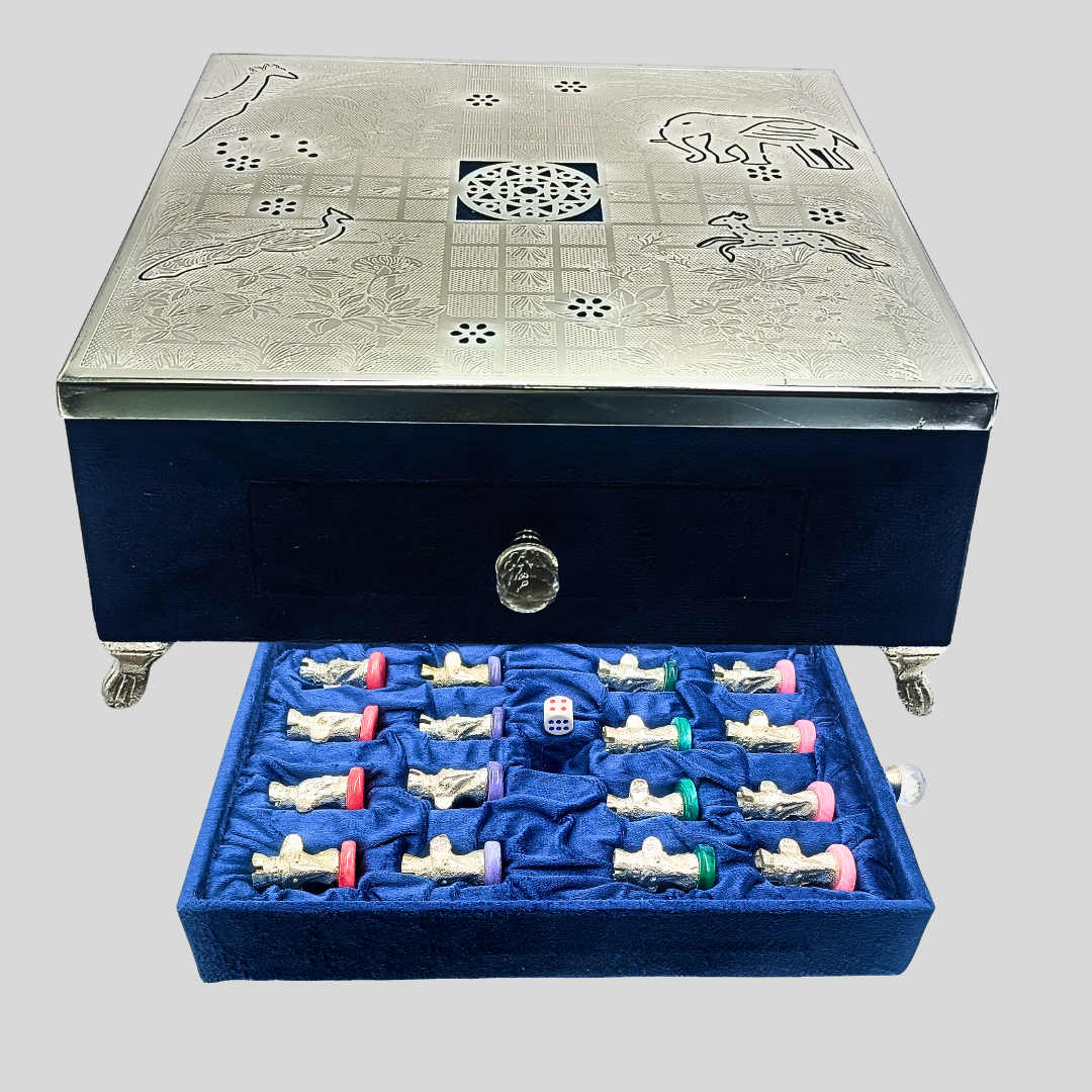Luxury Silver Plated Ludo Set with Velvet Storage Drawer | Handcrafted Decorative Ludo Board | Premium Gift & Home Décor