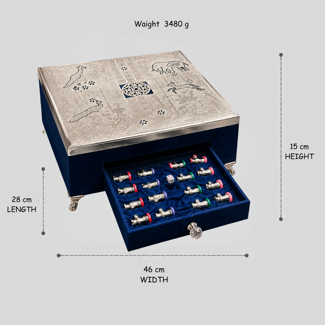 Luxury Silver Plated Ludo Set with Velvet Storage Drawer | Handcrafted Decorative Ludo Board | Premium Gift & Home Décor