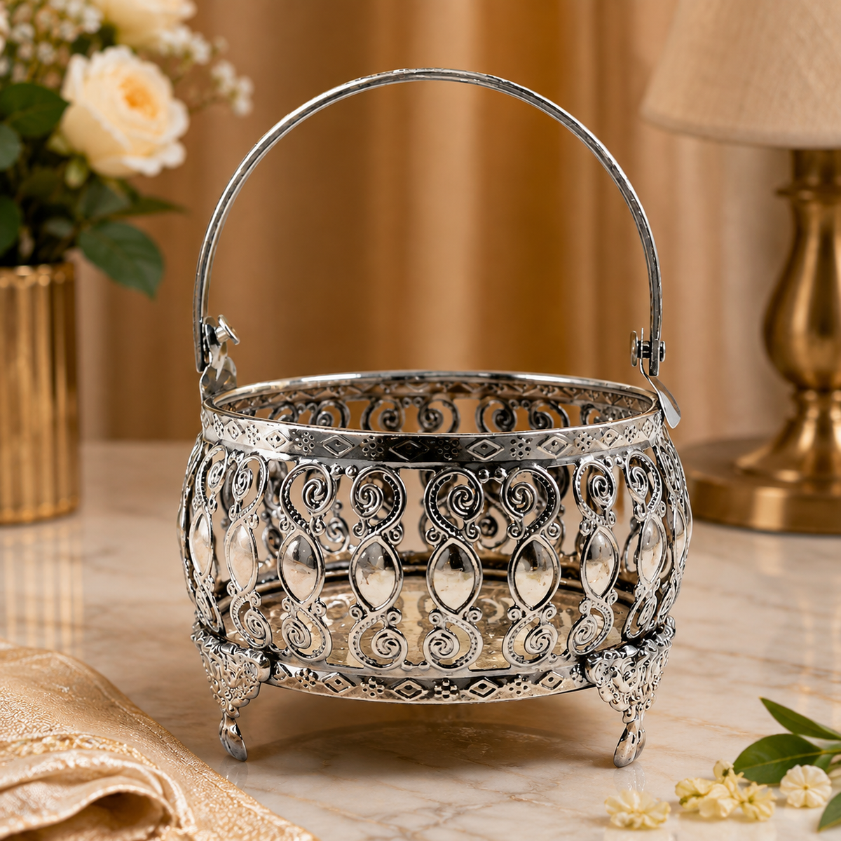Filigree Basket with Handle | 9 × 9 × 13 cm | 277g | Ornate Decorative Fruit & Dry Fruit Basket | Premium Gift