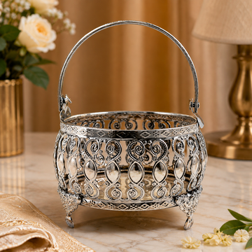 Filigree Basket with Handle | 9 × 9 × 13 cm | 277g | Ornate Decorative Fruit & Dry Fruit Basket | Premium Gift