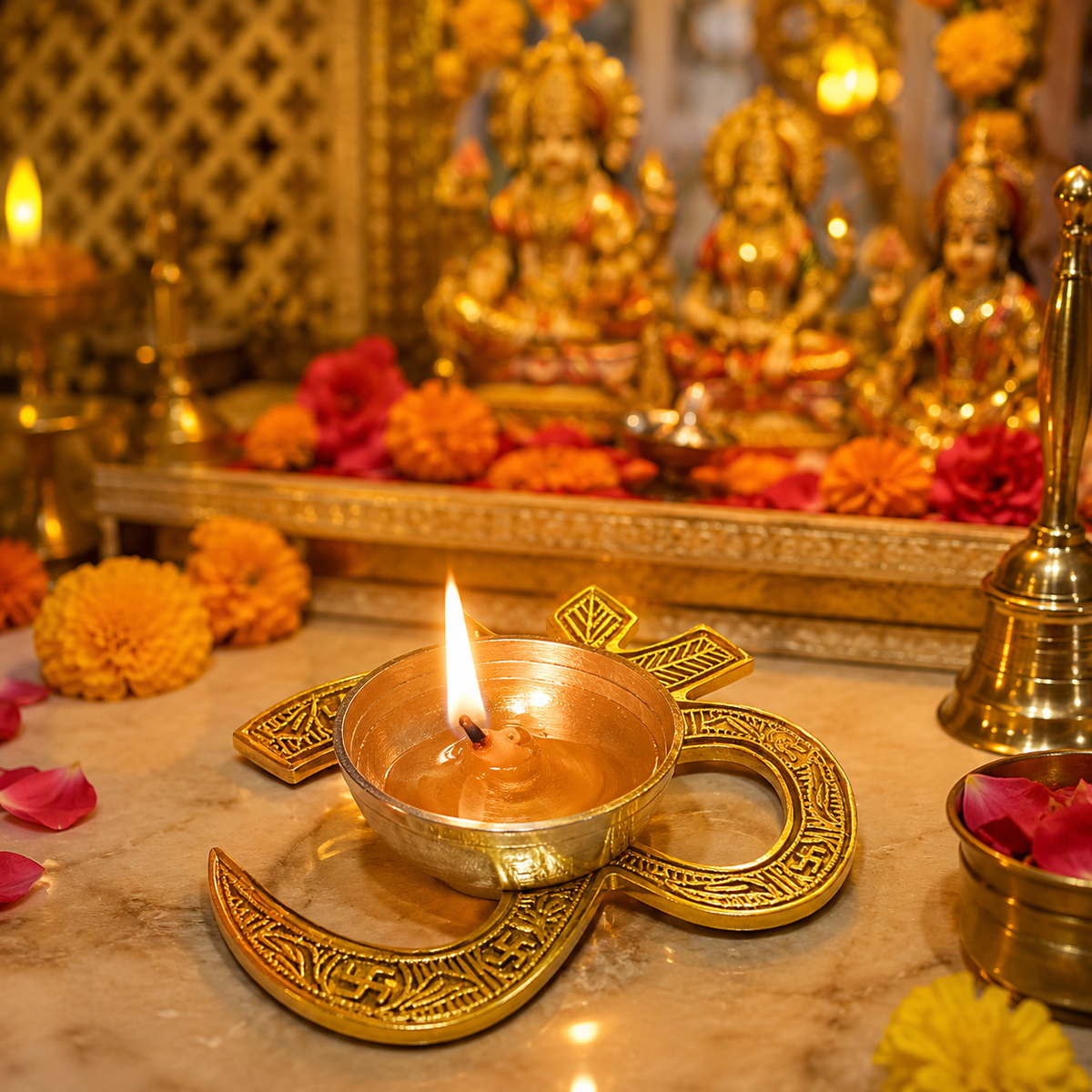 Luxury Om Diya Oil Lamp | Golden Decorative Diya with Traditional Hindu Design | Puja Mandir Decor | Diwali Gift | Indian Home Decor
