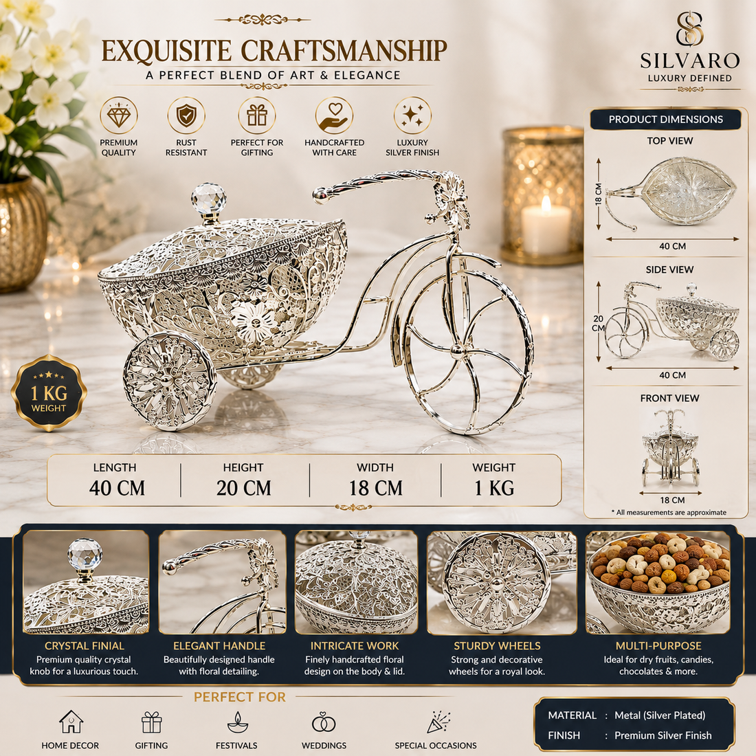 Luxury Silver Plated Tricycle Dry Fruit Bowl | Ornate Filigree Serving Basket