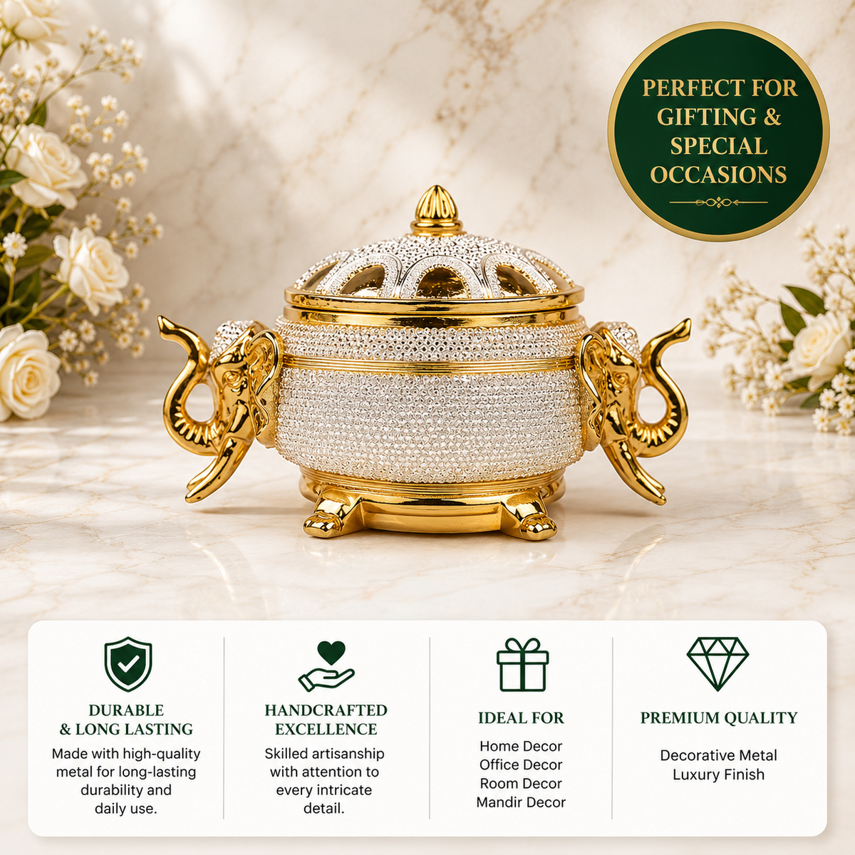 24K Gold  999 Silver Plated Elephant Handle Bowl with Lid  Luxury Metal Serving & Décor Piece