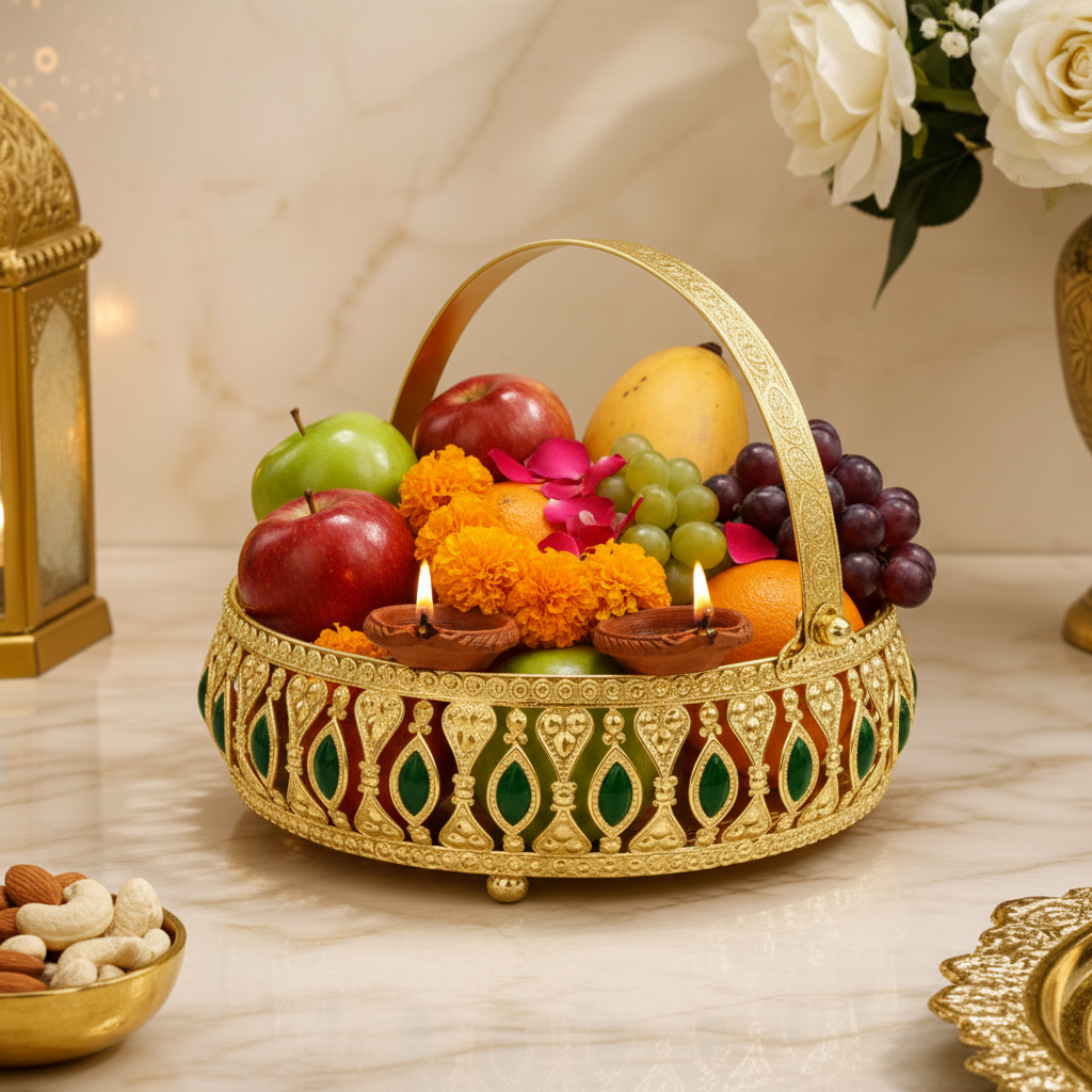 Meena Work Golden Decorative Basket with Elegant Handle & MDF Gift Box | Traditional Serving & Gift Basket | Decorative Home Décor