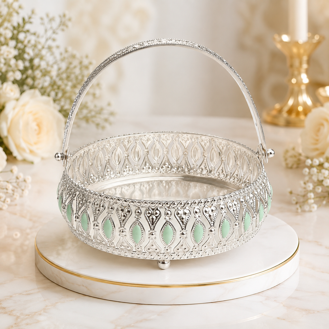 Meena Work Silver Green Decorative Basket with Elegant Handle & MDF Gift Box| Traditional Serving & Gift Basket | Decorative Home Décor
