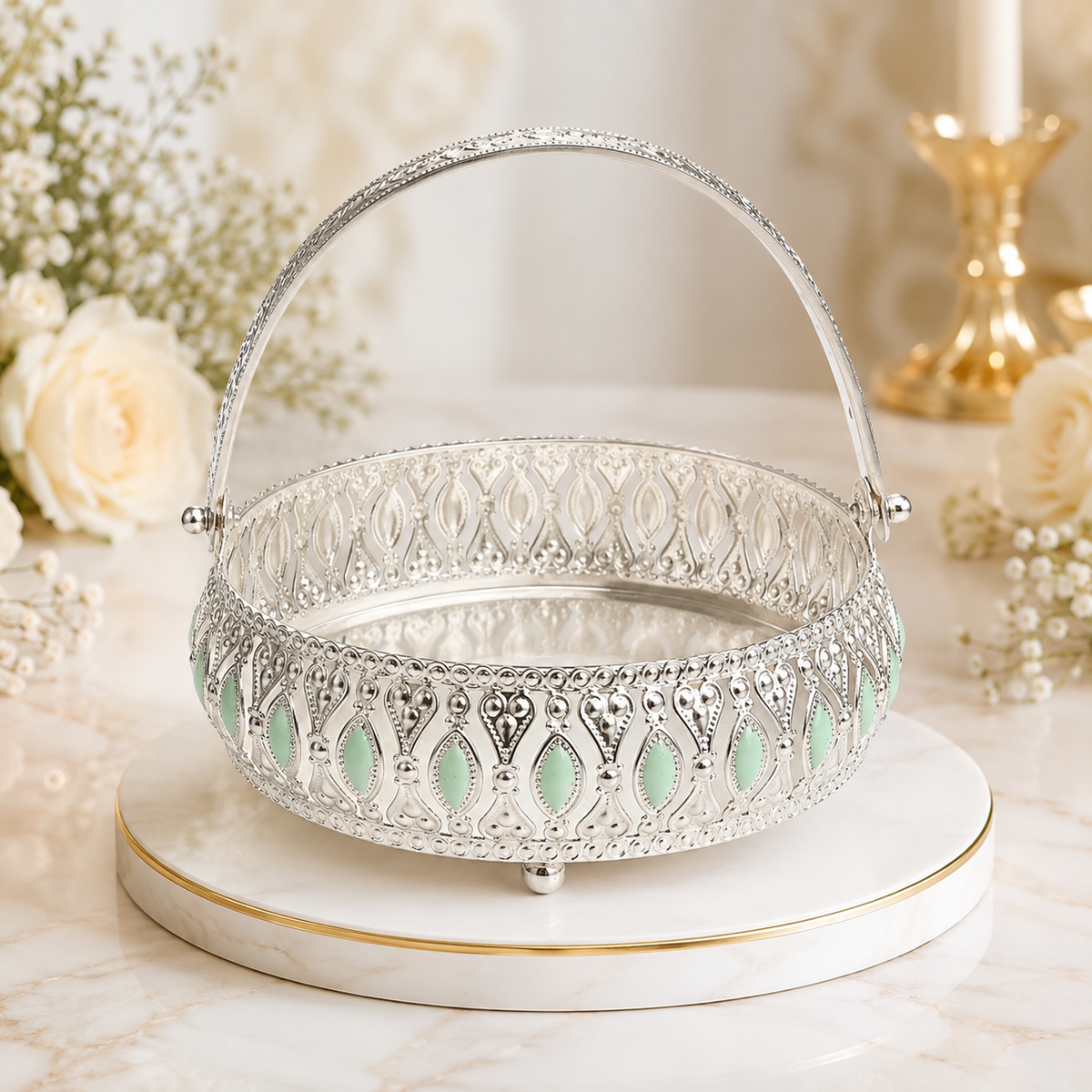 Meena Work Silver Green Decorative Basket with Elegant Handle & MDF Gift Box| Traditional Serving & Gift Basket | Decorative Home Décor