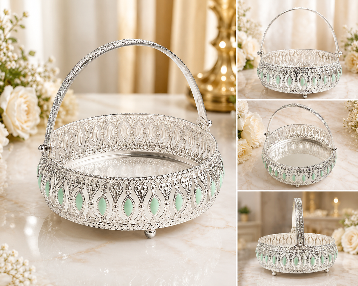Meena Work Silver Green Decorative Basket with Elegant Handle & MDF Gift Box| Traditional Serving & Gift Basket | Decorative Home Décor