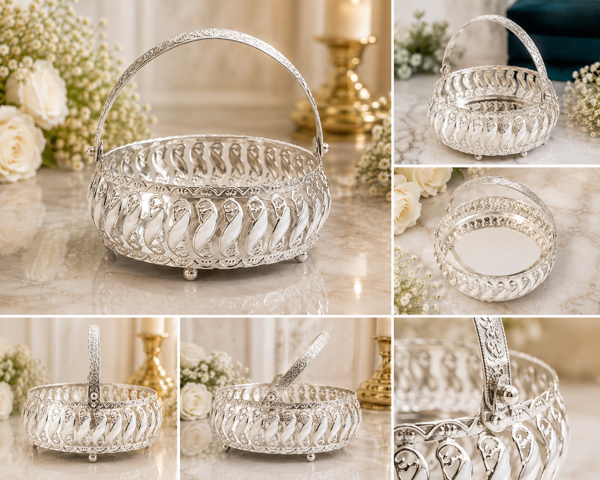 Meena Work Silver White Design Decorative Basket With MDF Gift Box | Handcrafted Traditional Gift & Pooja Basket | Luxury Home Decor
