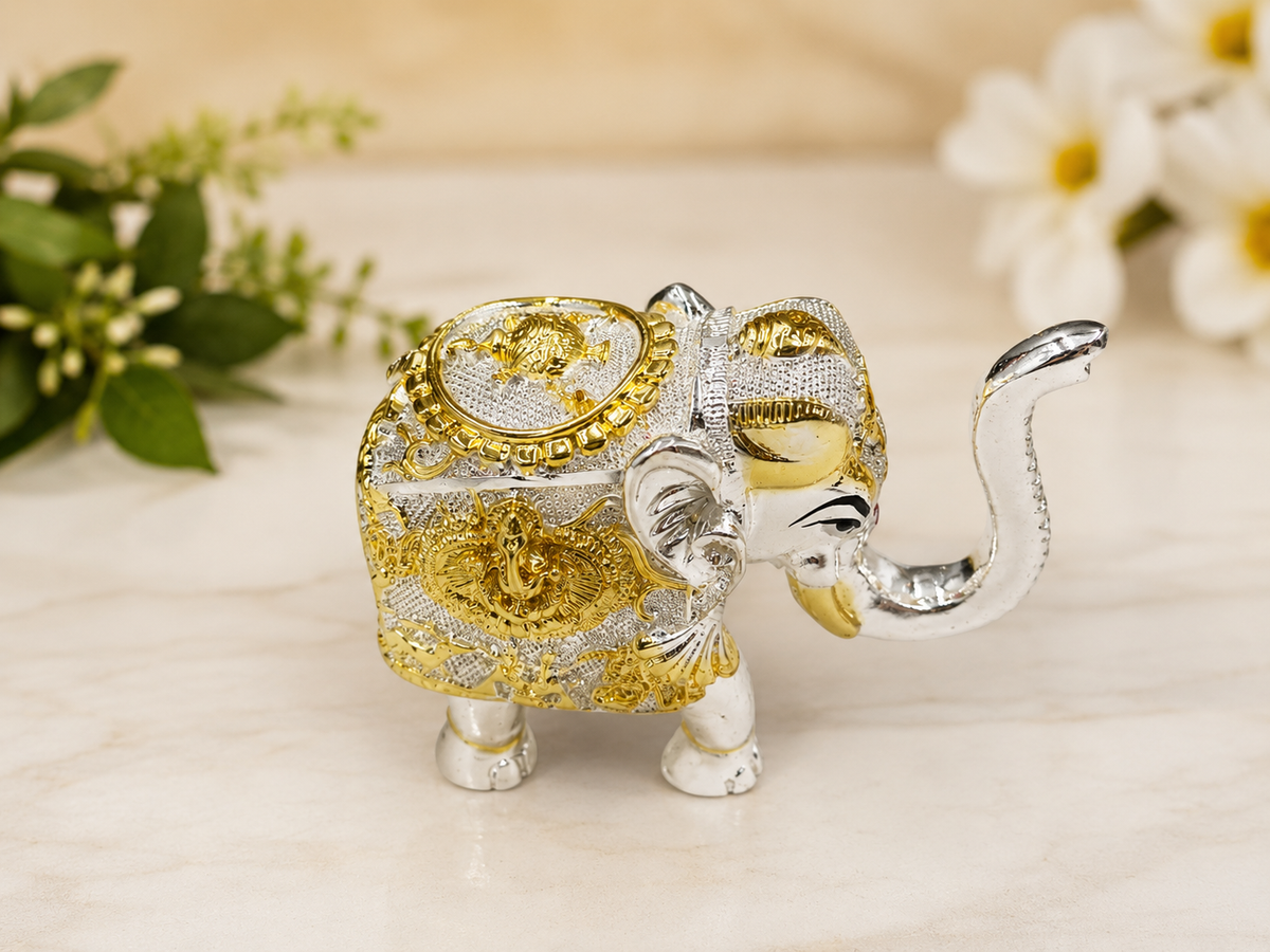 Premium Silver & Gold Decorative Elephant Figurine | Handcrafted Luxury Home Decor | 9 × 4 × 8 cm