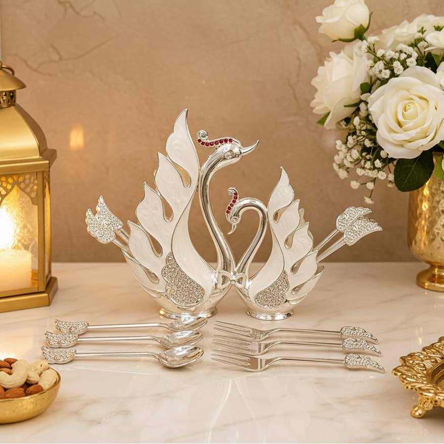 Silver Plated Swan Cutlery Holder Set with 6 Spoons & 6 Forks | Elegant Tableware & Serving Set | 16 cm Decorative Cutlery Stan