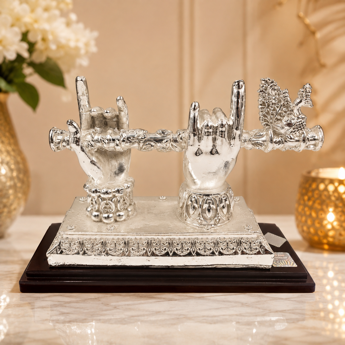 Non-Oxidized 999 Fine Silver Plated Krishna Flute with Divine Hands & Peacock Showpiece | Spiritual Home Décor | Premium Gift
