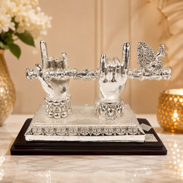 Non-Oxidized 999 Fine Silver Plated Krishna Flute with Divine Hands & Peacock Showpiece | Spiritual Home Décor | Premium Gift