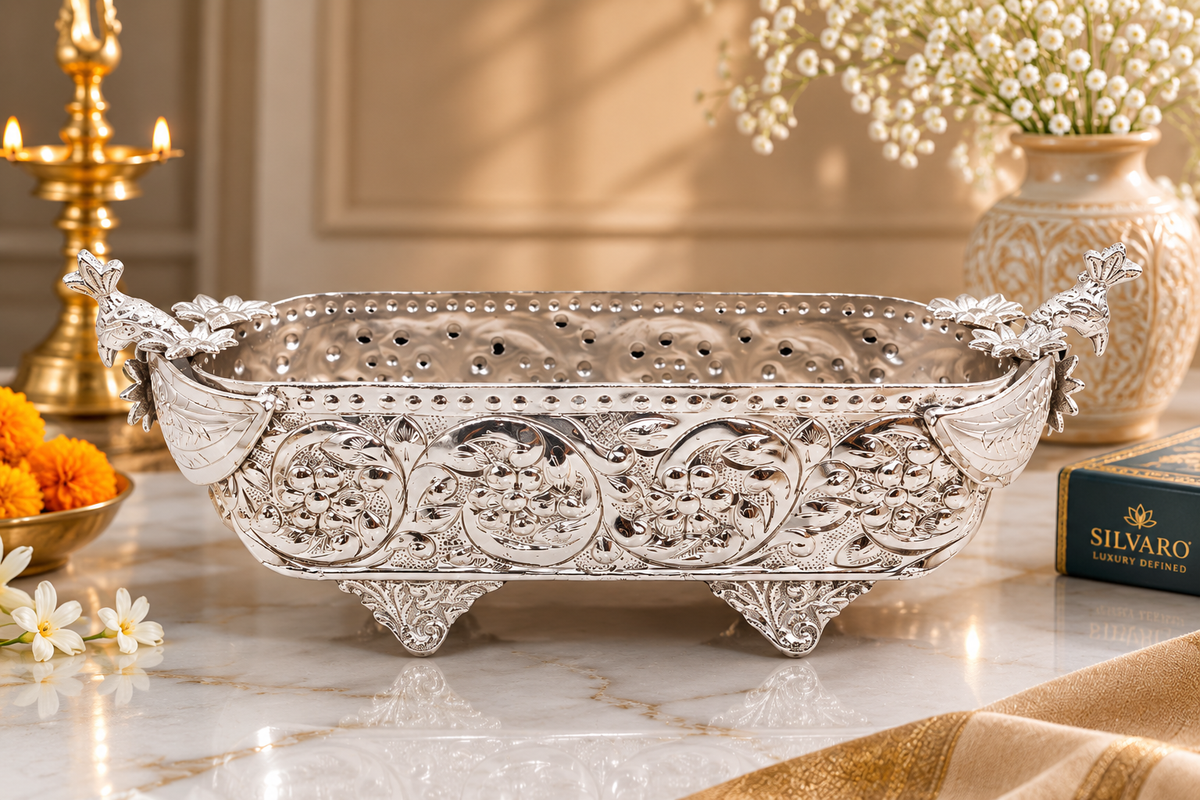 Silver Plated Boat Shape Urli Bowl | Ornate Decorative Urli | Traditional Indian Home Decor | Luxury Table Centerpiece | Gift