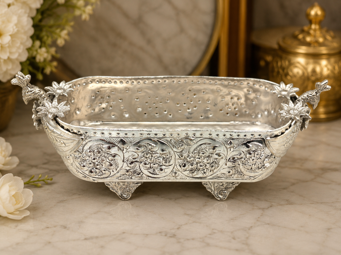 Silver Plated Boat Shape Urli Bowl | Ornate Decorative Urli | Traditional Indian Home Decor | Luxury Table Centerpiece | Gift
