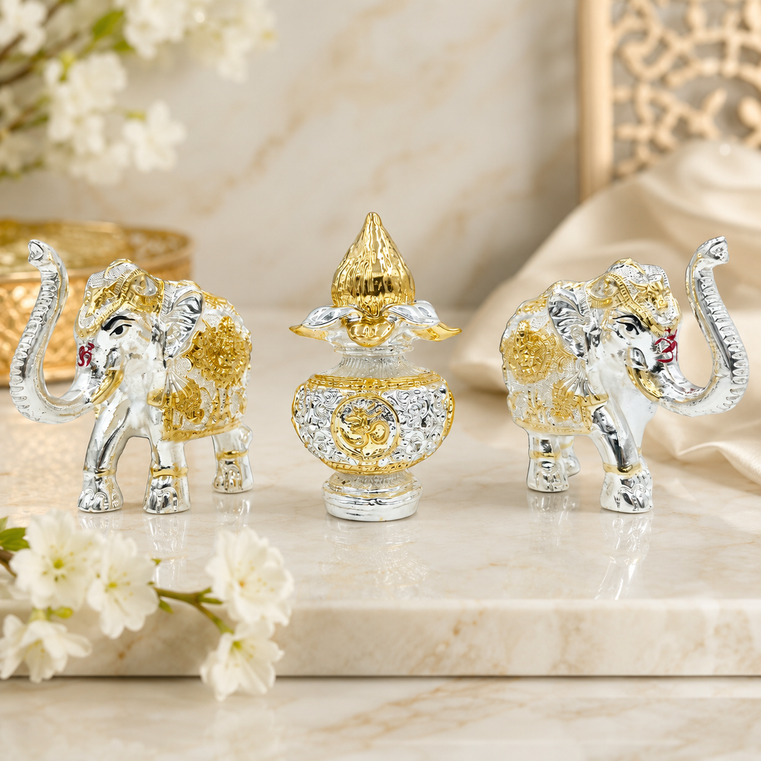 Silver Gold Elephant Decor Set with Om Urn, Kalash Indian Home Decor, Pooja Decor, Luxury Spiritual Gift, Wedding Housewarming Gift