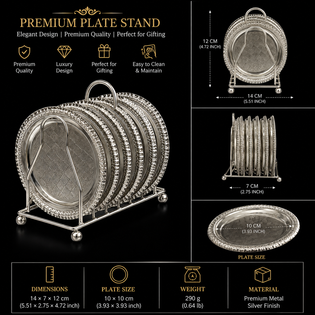 Luxury Silver Tea Cup Coaster Set with Stand | 6 Metal Tea Cup Plates | Decorative Coaster Holder | Housewarming Gift