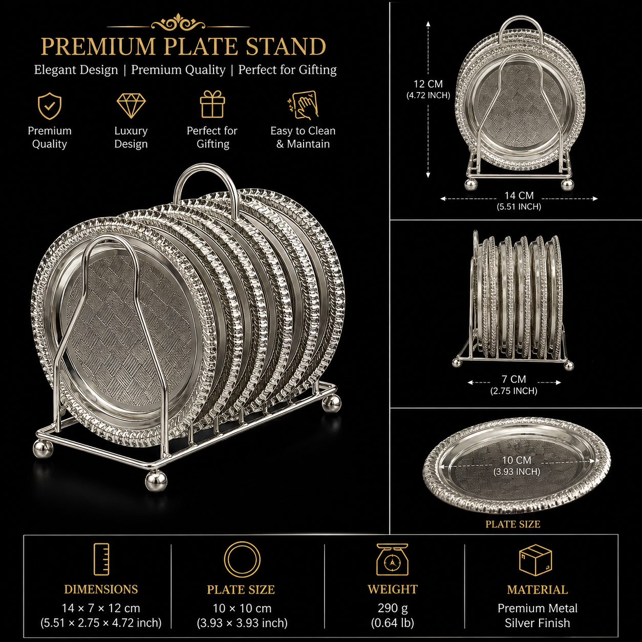 Luxury Silver Tea Cup Coaster Set with Stand | 6 Metal Tea Cup Plates | Decorative Coaster Holder | Housewarming Gift