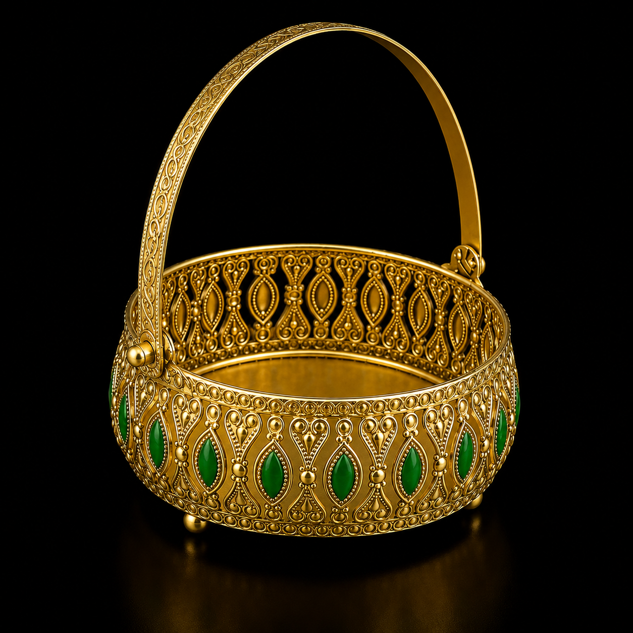 Gold Meena Work Decorative Brass Basket with Handle | 14 x 14 x 6 cm | 120g