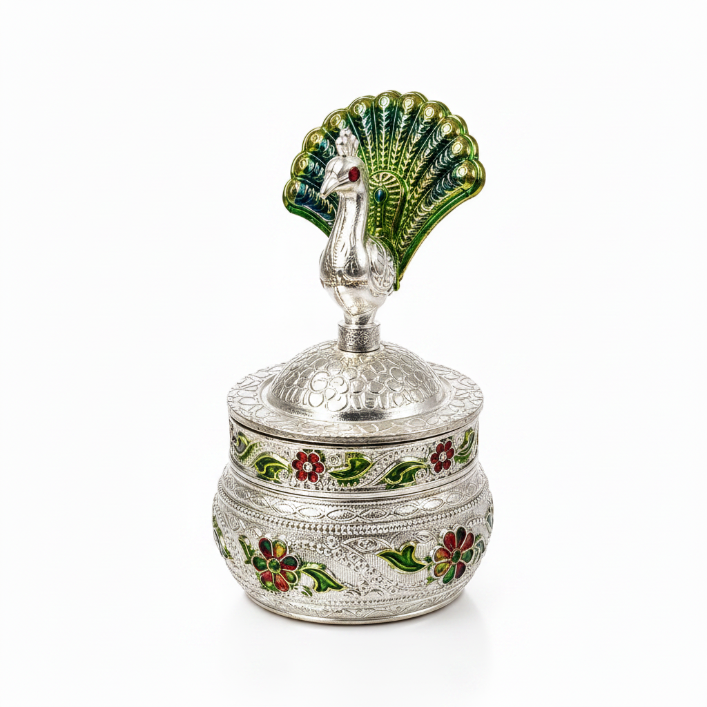 Handcrafted Silver Peacock Sindoor Dani | Decorative Kumkum Box with Lid