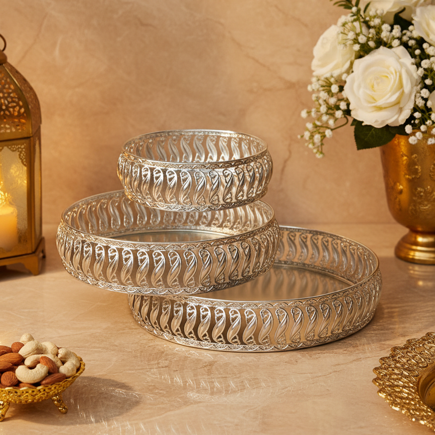 Silver Decorative Serving Tray Set of 3 | Premium Metal Fruit Basket | Dry Fruit Bowl | Wedding Gift | Festive Home Decor | Elegant Centerpiece