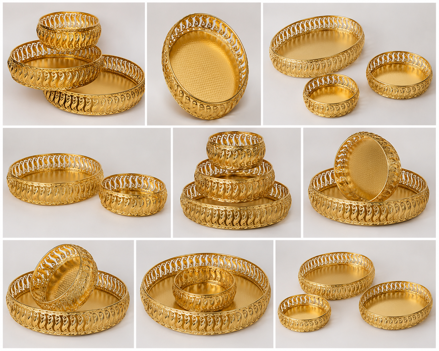 Golden Decorative Serving Tray Set of 3 | Premium Metal Fruit Basket | Dry Fruit Bowl | Wedding Gift | Festive Home Decor | Elegant Centerpiece
