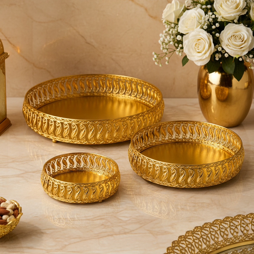 Golden Decorative Serving Tray Set of 3 | Premium Metal Fruit Basket | Dry Fruit Bowl | Wedding Gift | Festive Home Decor | Elegant Centerpiece
