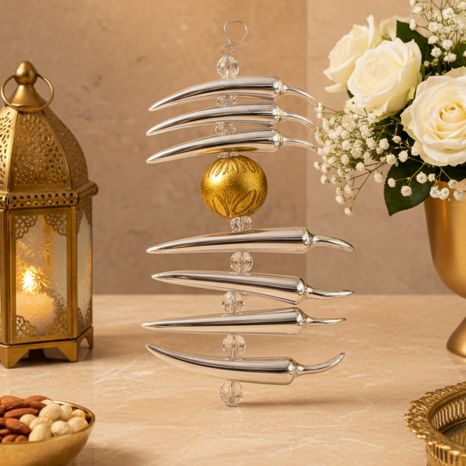 Handmade Silver & Gold Hanging Wall Decor with Crystal Beads | Luxury Home Décor Ornament | Housewarming Gift | 12 x 12 x 16 cm
