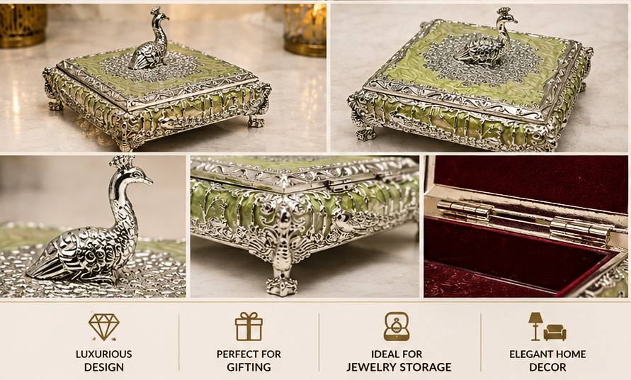 Handcrafted Peacock Dry Fruit Container with velvet blue box – Ethnic German Silver Peacock Set